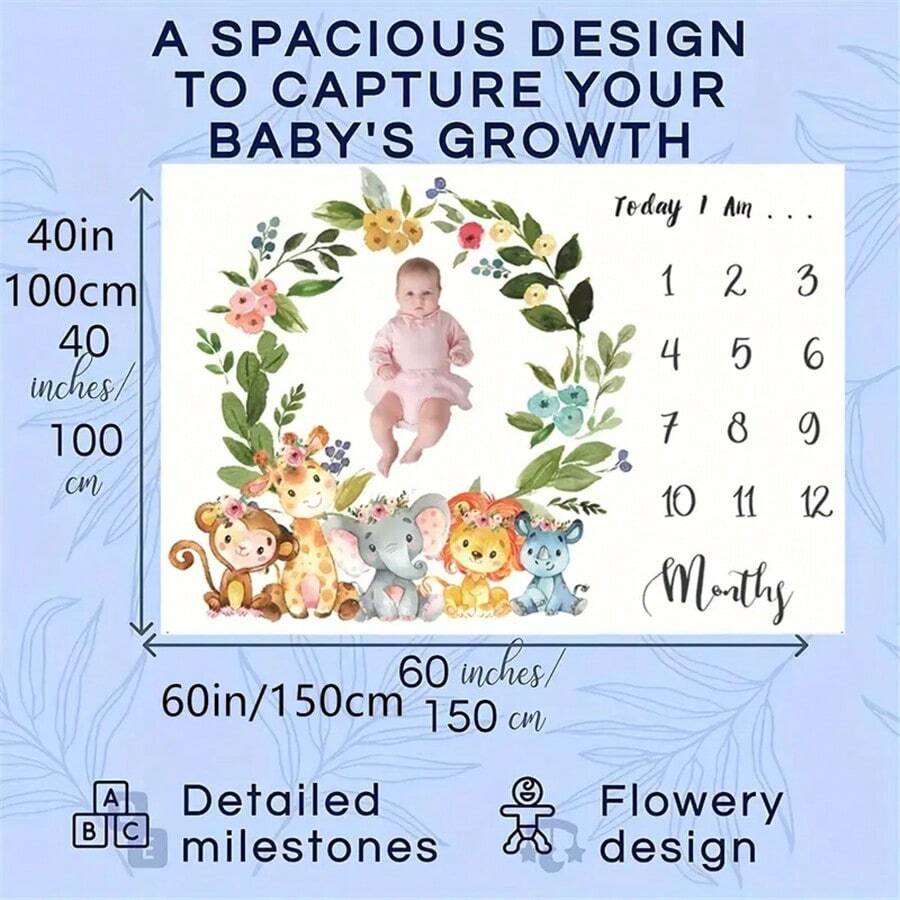 1pc Polyester Baby Milestone Blanket With Cute Animal Flower Wreath