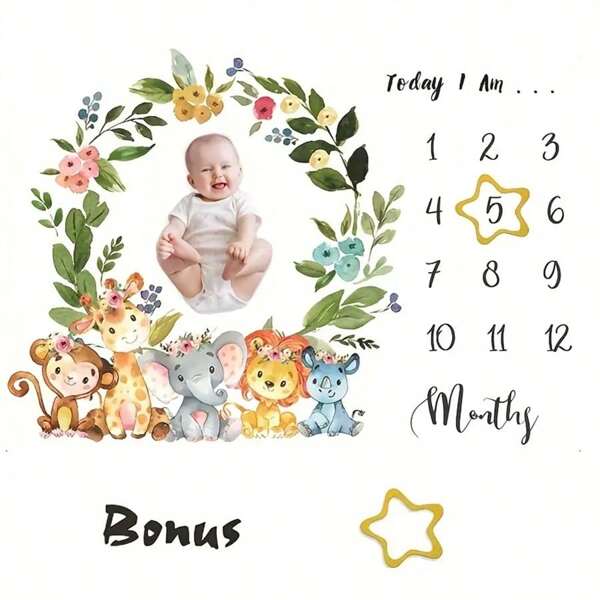 1pc Polyester Baby Milestone Blanket With Cute Animal Flower Wreath Design For Newborns Girls' Photography Baby Shower Family Decorations Gifts, For Baby Shower Easter Gift Things For Girls/Boys