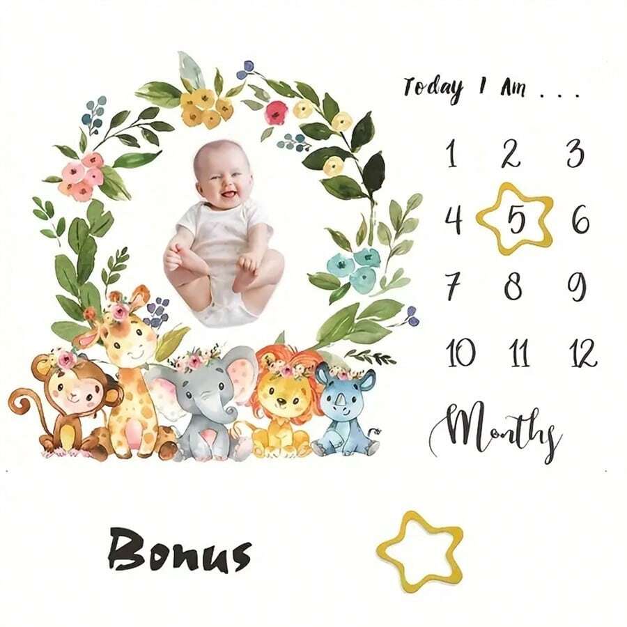 1pc Polyester Baby Milestone Blanket With Cute Animal Flower Wreath Design For Newborns Girls' Photography Baby Shower Family Decorations Gifts, For Baby Shower Easter Gift Things For Girls/Boys
