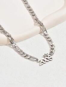 1 件時尚不銹鋼出生年份皇冠數字時間吊墜項鍊女士派對 - 銀色 - 查看 3