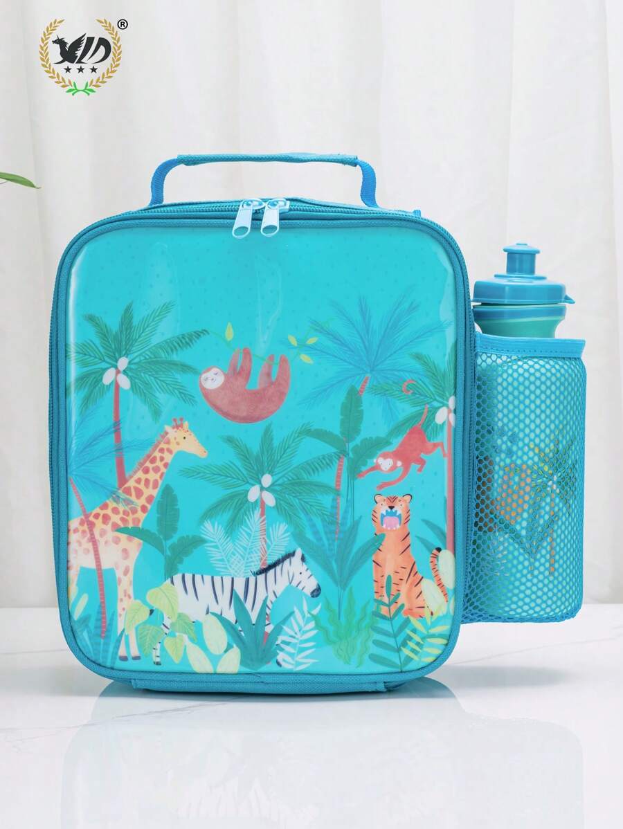 1pc Cartoon Animal Pattern Lunch Bag, Cute Fabric Portable Lunch Bag For Work, Office, School - Cadet Blue - View 1