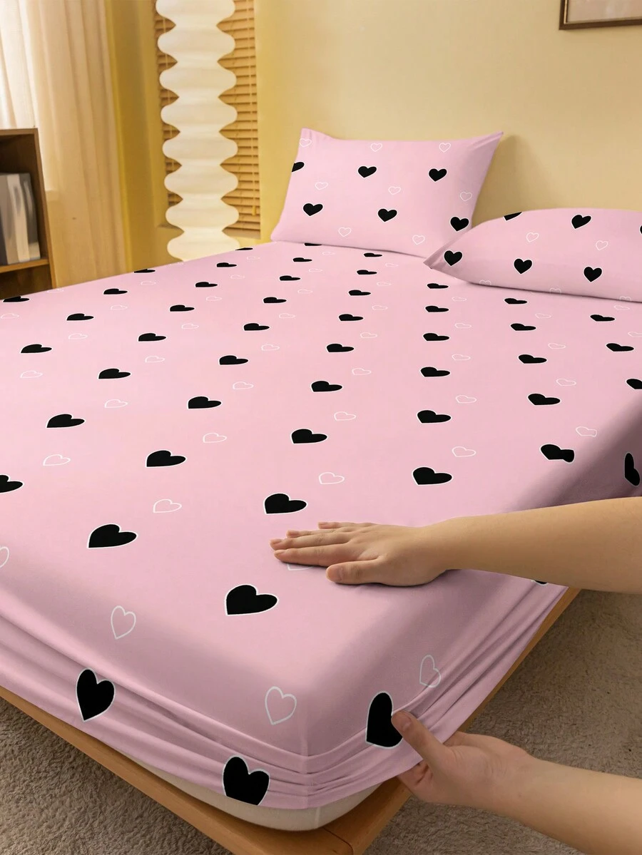 Heart Pattern Fitted Sheet, Modern Elastic Band Fitted Sheet For Bedroom - Multicolor - View 1