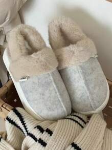 Women's Winter Fashionable Warm Plush Anti-Slip Home Slippers With Colorblock Design - Beige - View 4