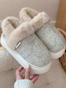 Women's Winter Fashionable Warm Plush Anti-Slip Home Slippers With Colorblock Design - Beige - View 1