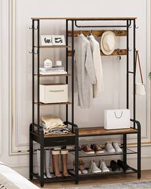 Hall Tree, Coat Rack With 3-Tier Storage Bench And 1 Drawer, 5-In-1 Entryway Bench With 17 Hooks, 1 Hanging Rod, 4-Tier Side Shelves, Rustic Brown And Black - 鏽棕色 - 查看 3