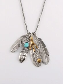 1入組羽毛吊墜項鍊套裝,包括4件個性化歐美風格項鍊,嘻哈和簡約長鍊男士飾品 - 灰色 - 查看 6