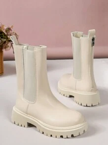 女款米色厚底修身英式中筒靴 - 米色 - 查看 5