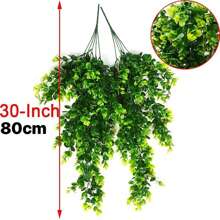 2 件人造悬挂桉树叶藤蔓，30 英寸/76 厘米塑料花环，适用于室内和室外装饰，适合季节、婚礼、墙壁、门廊（绿色、秋红、秋橙、黑色、黑色和白色） - 綠色 - 查看 2