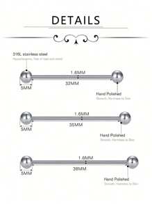 CIZME 3入組14g不鏽鋼工業型材耳環、耳廓穿刺珠寶,32mm、35mm、38mm工業型材杆,黑色/銀色/黃金/玫瑰金色 - 彩色 - 查看 8