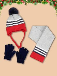 兒童和男孩條紋提花柔軟、彈性、舒適和溫暖的毛線帽圍巾手套三件套,適合聖誕和其他假日使用 - 彩色 - 查看 1