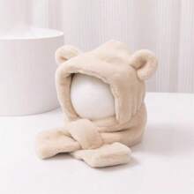 婴儿帽子围巾套装带熊耳朵，冬季柔软保暖内衬幼儿女孩男孩无檐小便帽 - 咖啡棕 - 查看 9