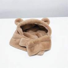 婴儿帽子围巾套装带熊耳朵，冬季柔软保暖内衬幼儿女孩男孩无檐小便帽 - 咖啡棕 - 查看 7