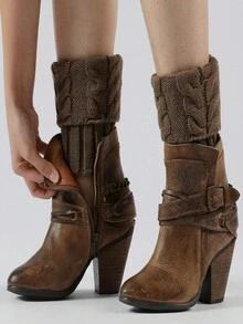 1雙女款純色針織保暖腿套,十字紋圖案,適合秋冬日常穿著 - 卡其色 - 查看 2