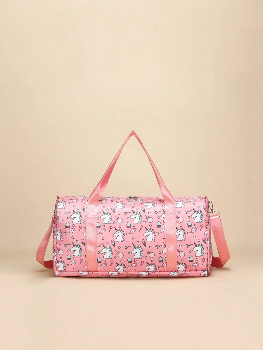 卡通彩虹糖餅干獨角獸休閒旅行包大容量瑜伽游泳健身袋,乾濕分離訓練運動手提袋,可放於手推行李箱中 - 粉色 - 查看 1