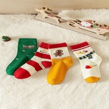 4對男孩、女孩、嬰幼兒、兒童、聖誕老人禮物熊鹿毛巾加厚保暖襪,嬰幼兒時尚襪