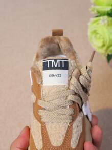 1對女孩和男孩穿著舒適的溫暖絨毛鞋,圓頭,平底,防滑,休閒,運動鞋具有色彩碰撞設計 - 卡其色 - 查看 7