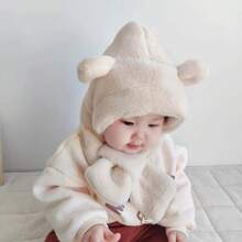 婴儿帽子围巾套装带熊耳朵，冬季柔软保暖内衬幼儿女孩男孩无檐小便帽 - 咖啡棕 - 查看 5