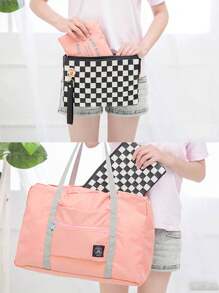 1pc Letter Patch Decor Foldable Storage Bag, Modern Polyester Travel Storage Bag For Home - Pink - View 6
