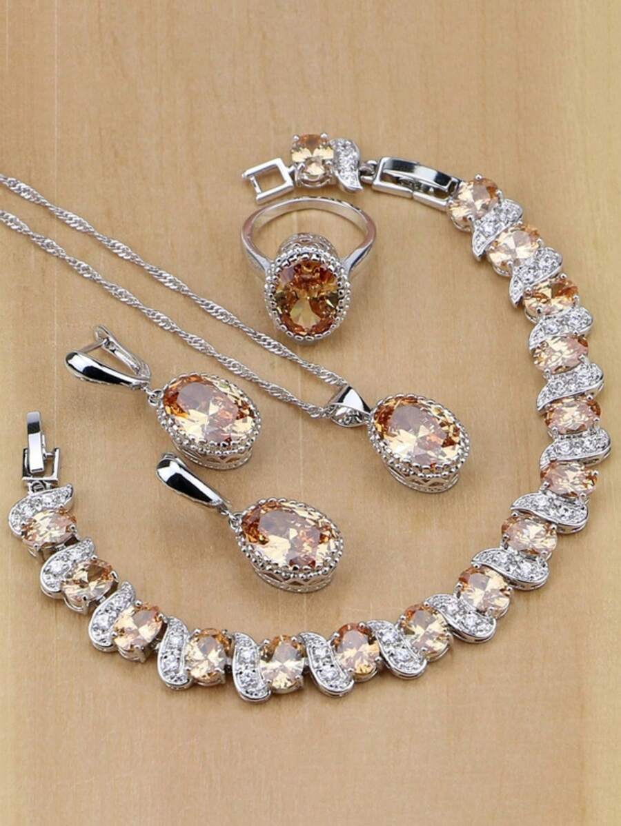 5 Mảnh Yến tiệc Thời trang Thanh lịch Rượu sâm banh Zirconia Tinh tế Và Tuyệt đẹp Trang trí Bộ trang sức Nhẫn Hoa tai Dây chuyền Vòng tay Đối với Của phụ nữ Ngày đêm Buổi tiệc Hôn ước Phụ kiện trang sức Đồ trang trí Ngày lễ tình nhân Qủa tặng - Rượu sâm banh - Xem 1