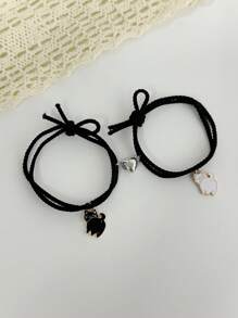 1pair Couple/Bff Magnetic Heart Bracelets For Daily Wear - Black - View 2