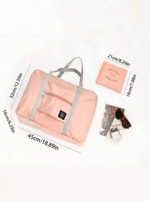 1pc Letter Patch Decor Foldable Storage Bag, Modern Polyester Travel Storage Bag For Home - Pink - View 4