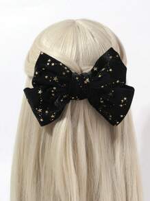 1入組女士絨面燙金星星和蝴蝶結髮夾，優雅的髮飾，適用於派對、約會、聖誕節、新年 - 彩色 - 查看 1
