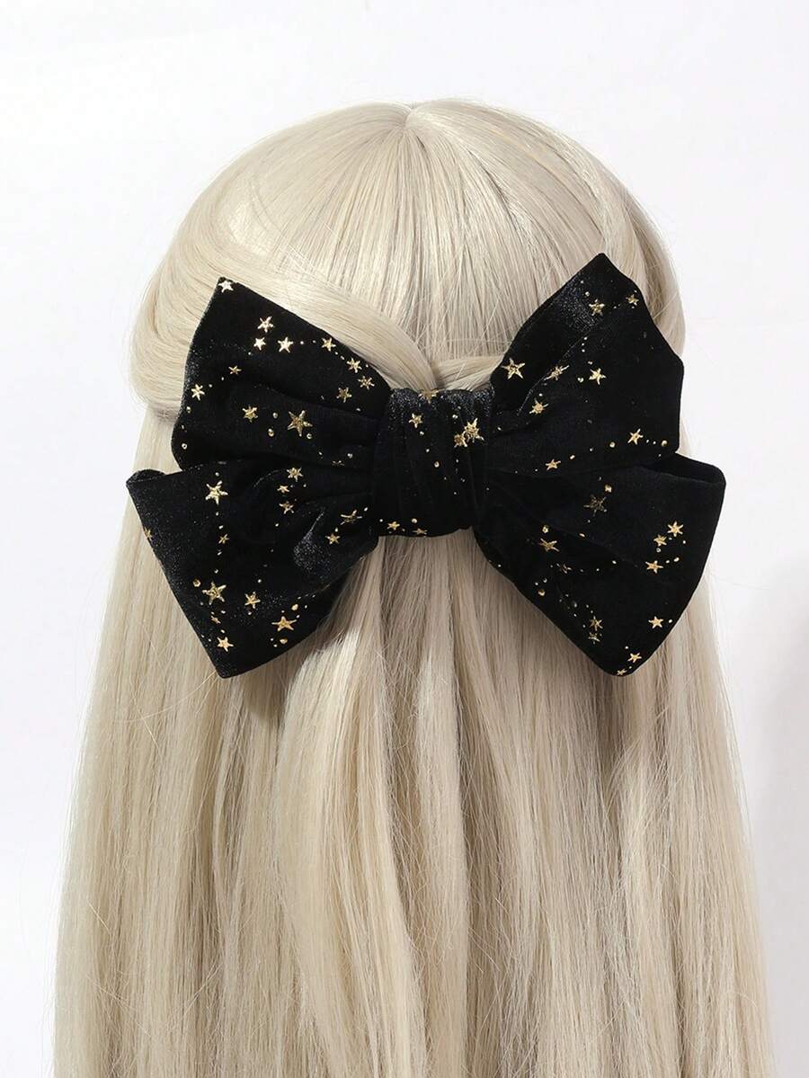 1入組女士絨面燙金星星和蝴蝶結髮夾，優雅的髮飾，適用於派對、約會、聖誕節、新年 - 彩色 - 查看 1