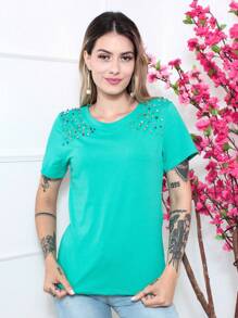 基本棉質女性t恤,鑲有水晶2136 - 綠色 - 查看 1