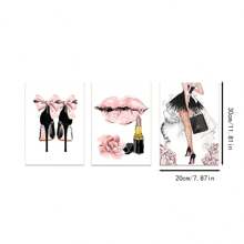 3入組時尚女孩壁畫,壁掛畫布,油畫,無框 - 粉色 - 查看 6