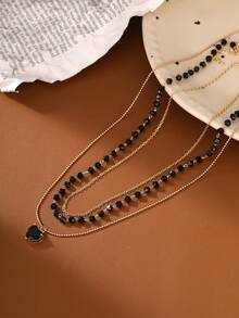 Nooxian 3 cái/bộ Vòng cổ hạt đen thủ công thời trang với mặt dây chuyền Zirconia bằng đồng đen hình trái tim, Dây chuyền áo len độc đáo nhiều lớp (Số lượng hạt là ngẫu nhiên) - Nhiều màu - Xem 2