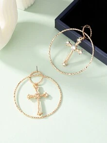 1pair Gothic Style Exaggerated Cross Geometric Circle Stud Earrings Suitable For Women - Yellow Gold - View 3