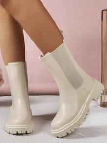 女款米色厚底修身英式中筒靴 - 米色 - 查看 6