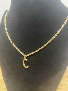 1入時尚18k鍍金不鏽鋼英文字母吊墜繩鏈項鍊,男女皆宜的派對或日常佩戴字母吊墜扭繩鏈項鍊 - 金色 - 查看 5