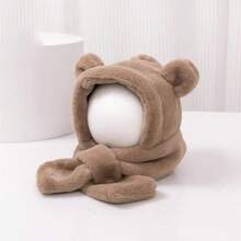 嬰兒帽子圍巾套裝,簡約的熊耳設計帽子搭配柔軟的毛絨圍巾,適用於秋冬幼兒 - 卡其色 - 查看 11