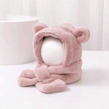 嬰兒帽子圍巾套裝,簡約的熊耳設計帽子搭配柔軟的毛絨圍巾,適用於秋冬幼兒 - 卡其色 - 查看 8