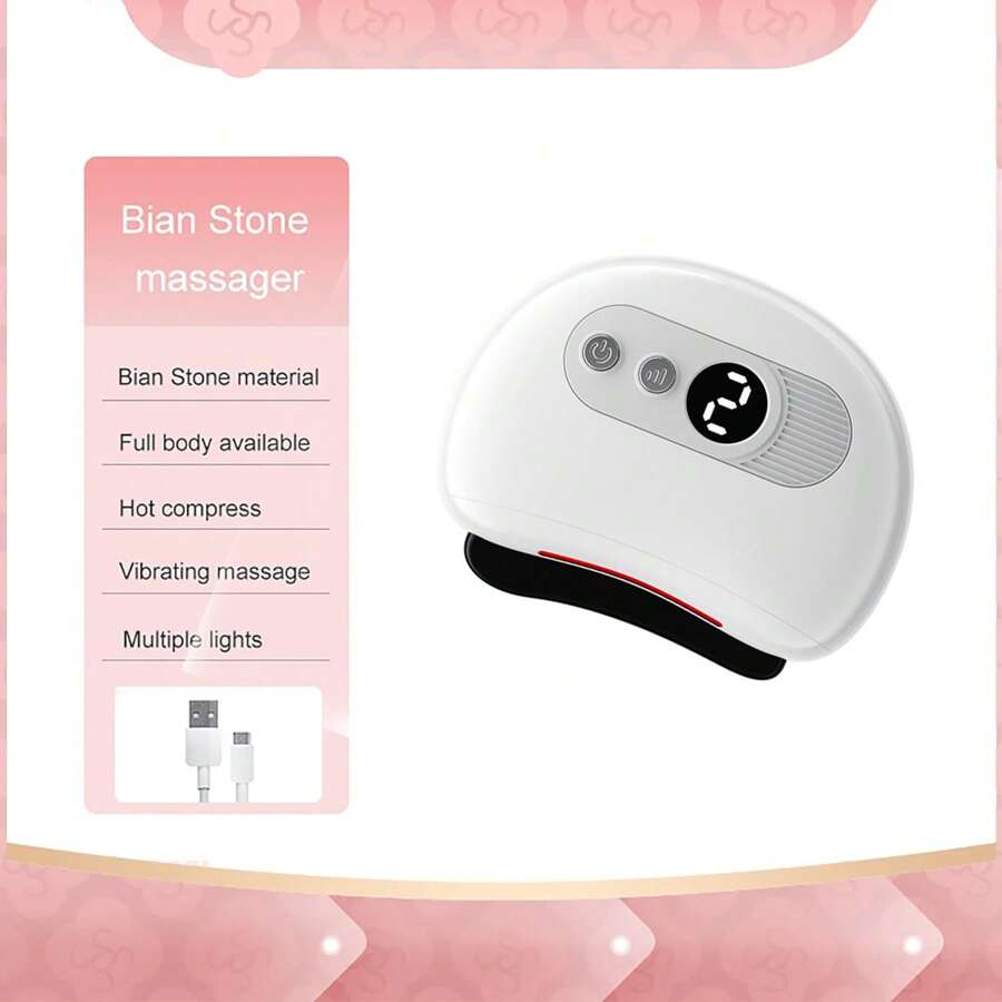 電動刮痧編石面部工具,led刮痧面部按摩板,3種模式9檔加熱和振動,頸部面部提拉,抗衰老減輕浮腫 - 白色 - 查看 1