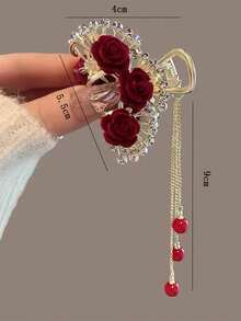 1 件裝毛絨天鵝絨玫瑰花馬尾辮髮夾帶珍珠流蘇女士髮髻髮型 - 白蓮花花卉