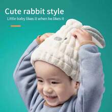 1pc White Cartoon Rabbit Printed Strong Water Absorption Quick-Drying Bath Towel Cap For Kids, Girls - White - View 3