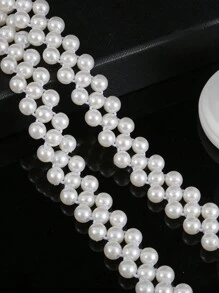 1pc Women Stretch Pearl Belt Adjustable Rhinestones Interlocking Alloy Buckle Elastic Waist Chain For Party  And Wedding Dress Sash Halloween
