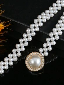 1pc Women Stretch Pearl Belt Adjustable Rhinestones Interlocking Alloy Buckle Elastic Waist Chain For Party  And Wedding Dress Sash Halloween
