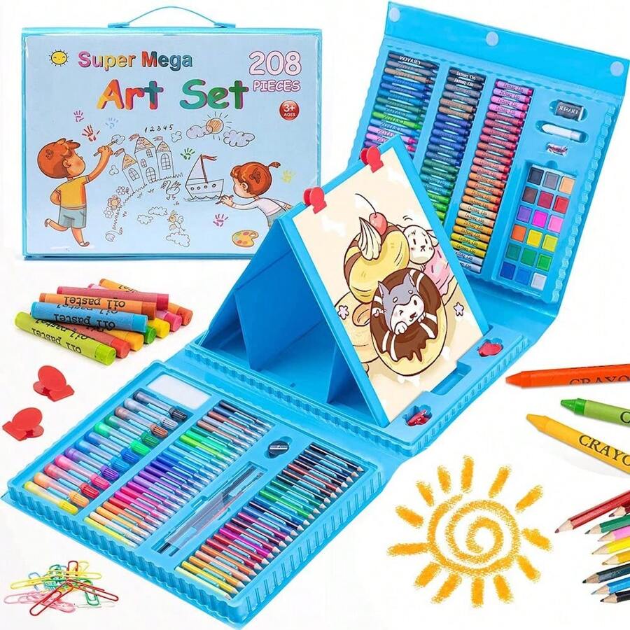 Kit de Dibujo, 208 Piezas Juego de Pintura, Set de Arte Profesional, Regalo Ideal para Niños, Material de Arte Escolar, Estudiantes, Principiantes, set de dibujo de primera calidad será un increíble regalo de vuelta al cole para niños y niñas y un gran regalo de cumpleaños o Navidad para todos los jóvenes artistas - Azul - Ver 1