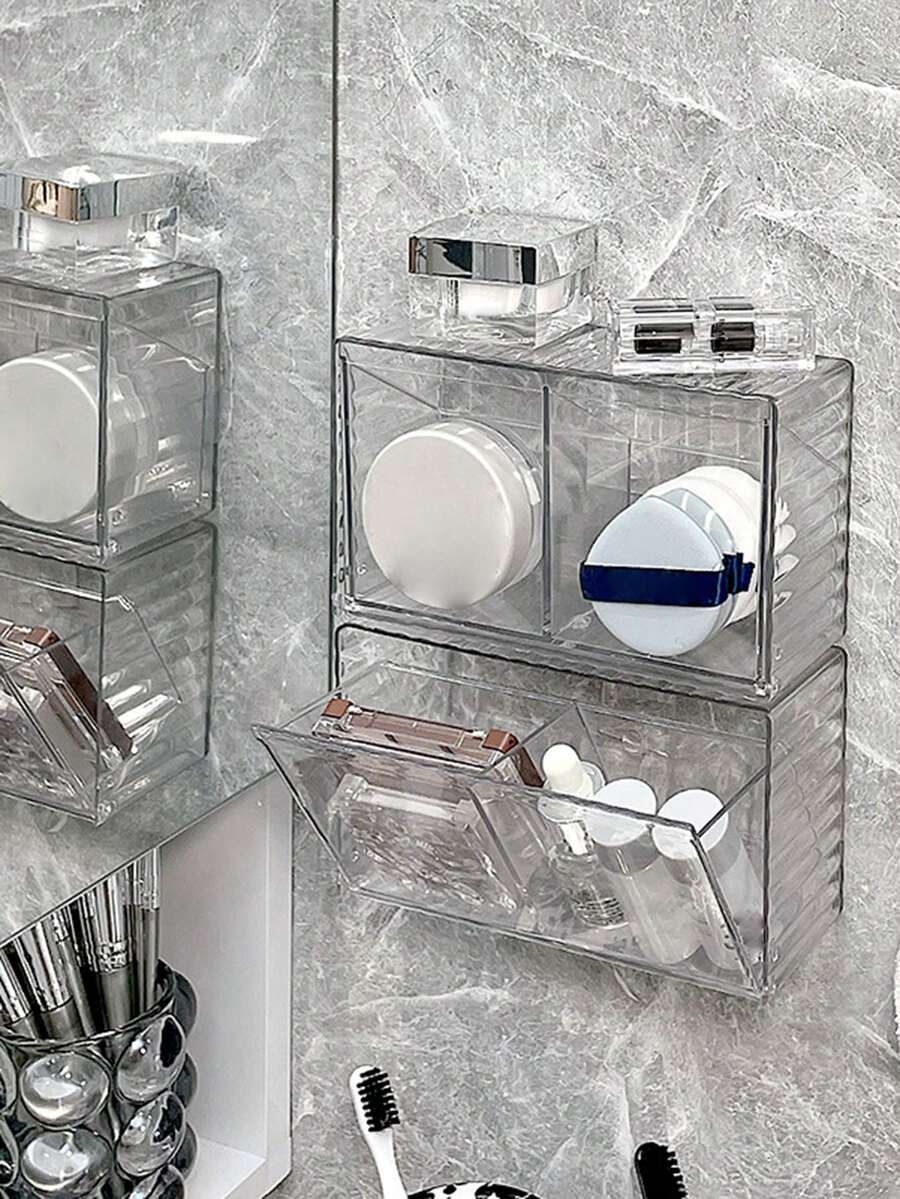 1入組牆掛式收納架,亞克力透明分格整理化妝棉棉花棒化妝品整理收納盒,免打孔 - 無色 - 查看 1