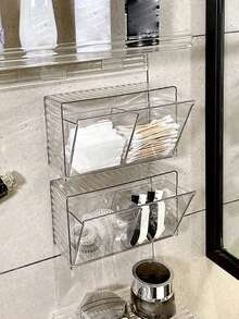 1入組牆掛式收納架,亞克力透明分格整理化妝棉棉花棒化妝品整理收納盒,免打孔 - 無色 - 查看 6