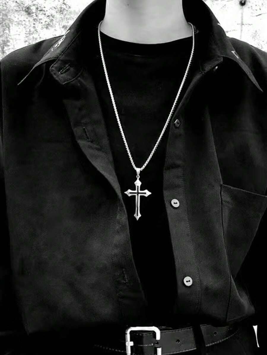 1pc Personalized Multilayer Cross Hip-hop Cool Men's Sweater Chain Clavicle Necklace Pendant - Silver - View 1