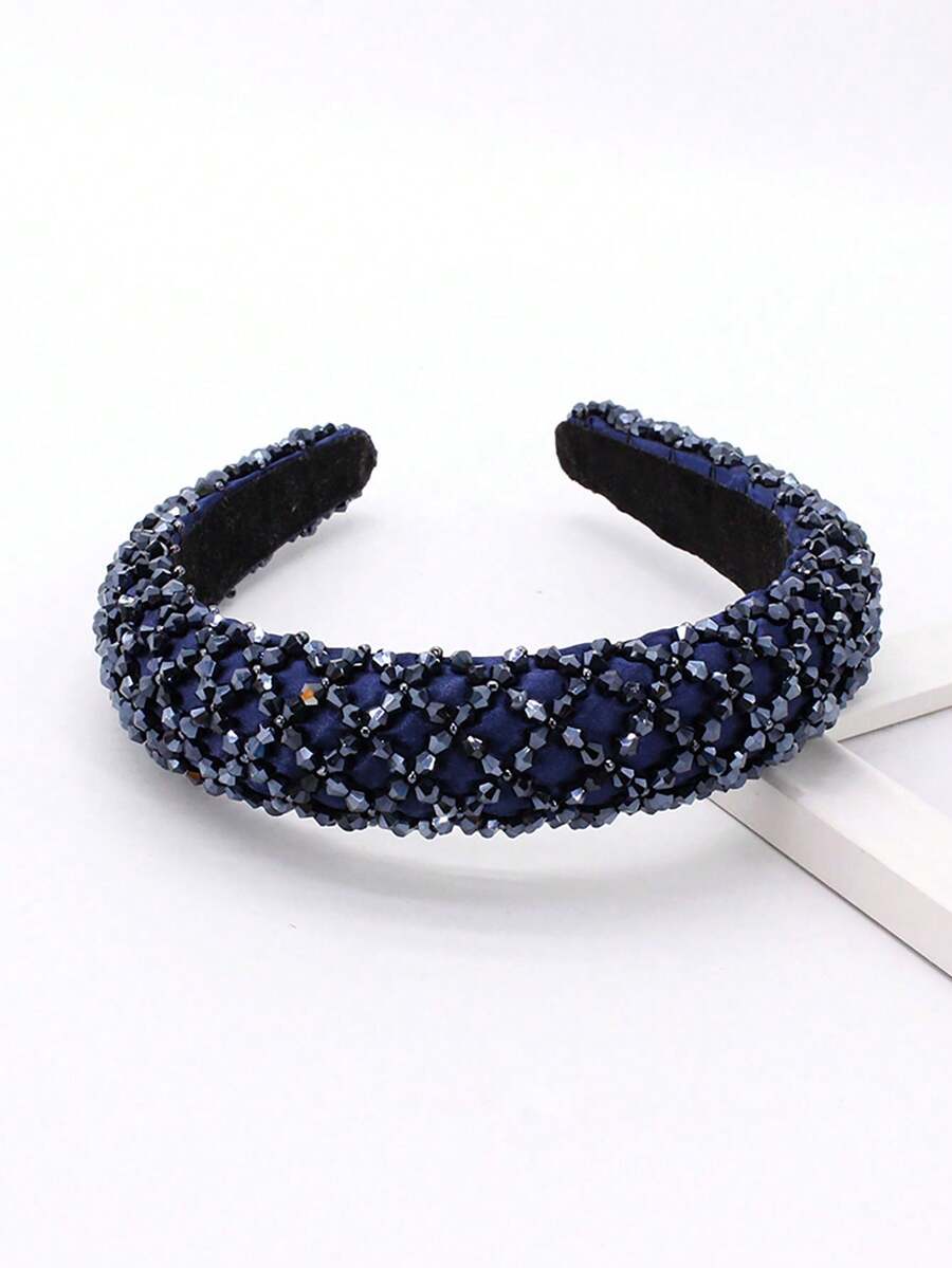 Diadema Ancha Y Gruesa Con Patrón De Diamantes Y Esponja Decorada Con Cristales De Colores Para Mujeres - Azul Marino - Ver 1