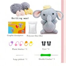 1pc Handmade Elephant Doll Material Package, Crochet Hook & Yarn Kit For Knitting - Grey - View 2