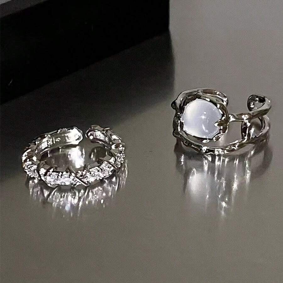 2pcs High-end Finger Rings For Women, With Diamond & Open Style & Minimalist Design, Suitable For Index Finger & French Self-control Ring - two pieces of rings - View 1