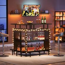 Tribesigns Home Bar Unit, L-Shaped Liquor Bar Table with Stemware Racks and 2-Tier Shelves, Corner Mini Bar Cabinet Coffee Bar Table with Footrest for Home/Kitchen/Bar/Pub, Bar Table