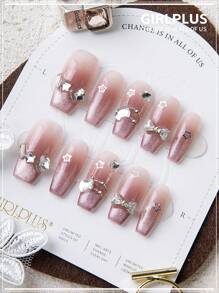 GIRL PLUS Girlplus 10個手工製作的假指甲,長形棺材造型,星形蝴蝶結薄亮片貓眼指甲設計,時尚指甲套裝,適合女士和女孩日常穿著 - 粉色 - 查看 1