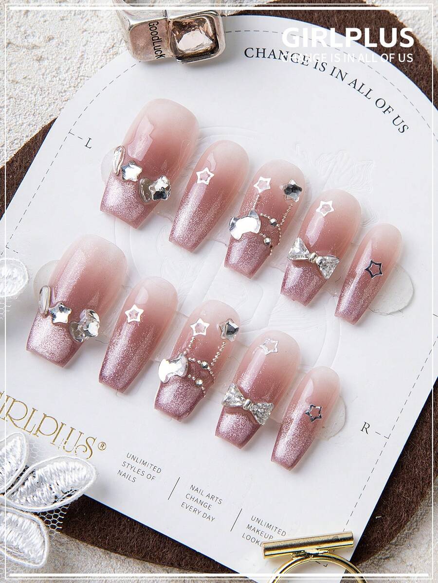 GIRL PLUS Girlplus 10個手工製作的假指甲,長形棺材造型,星形蝴蝶結薄亮片貓眼指甲設計,時尚指甲套裝,適合女士和女孩日常穿著 - 粉色 - 查看 1